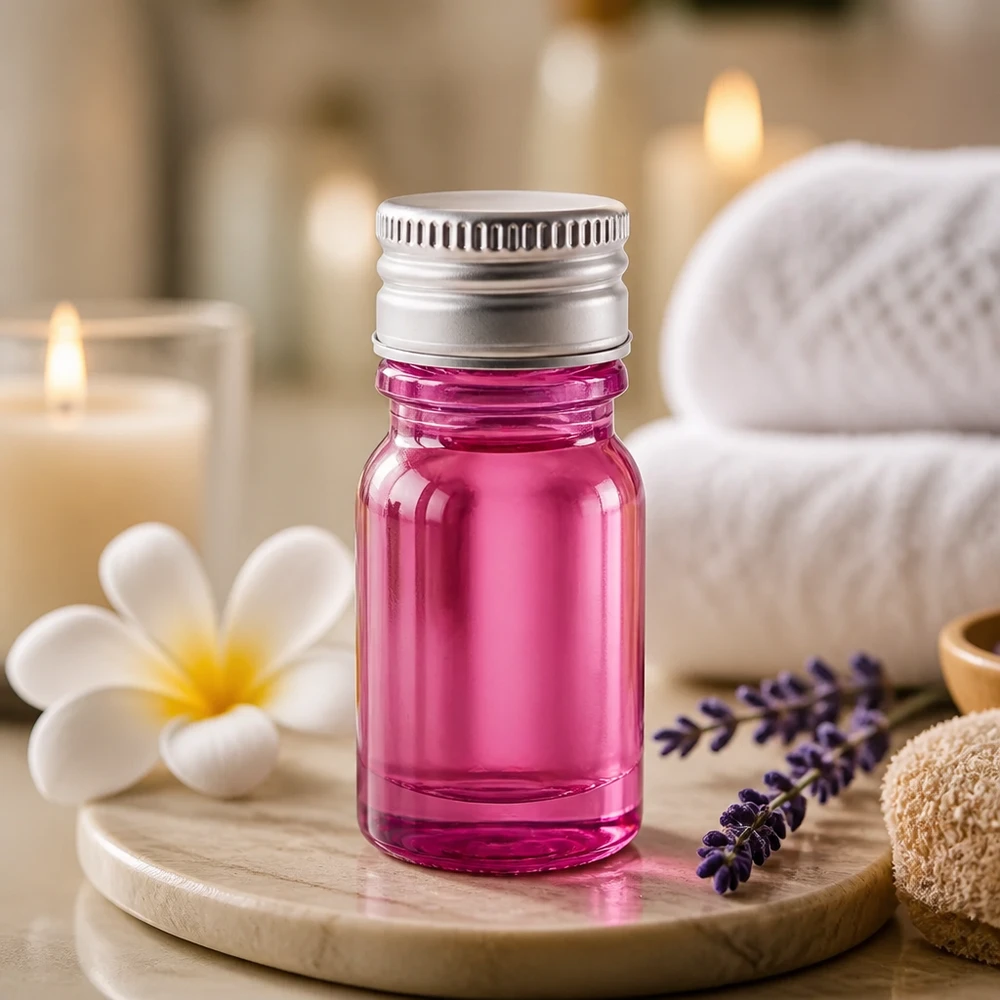 Handliche 5ml Flasche aus UV-schützendem Purpurglas mit wiederverwendbarem Silberverschluss