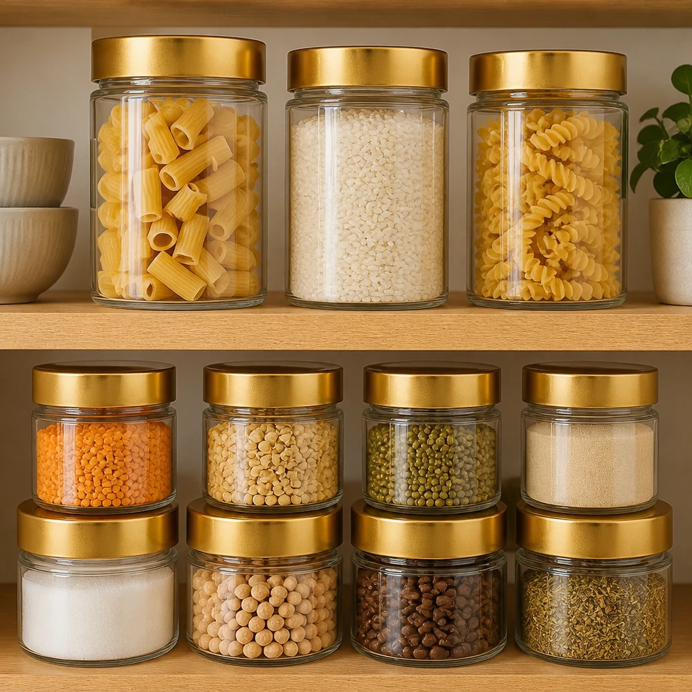 135ml Rundglas 24er-Set mit Deckel (Deckelfarbe: gold) – UNiTWIST Miniaturglas 135ml mit goldenem Metalldeckel zur Aufbewahrung trockener Lebensmittel UNiTWIST