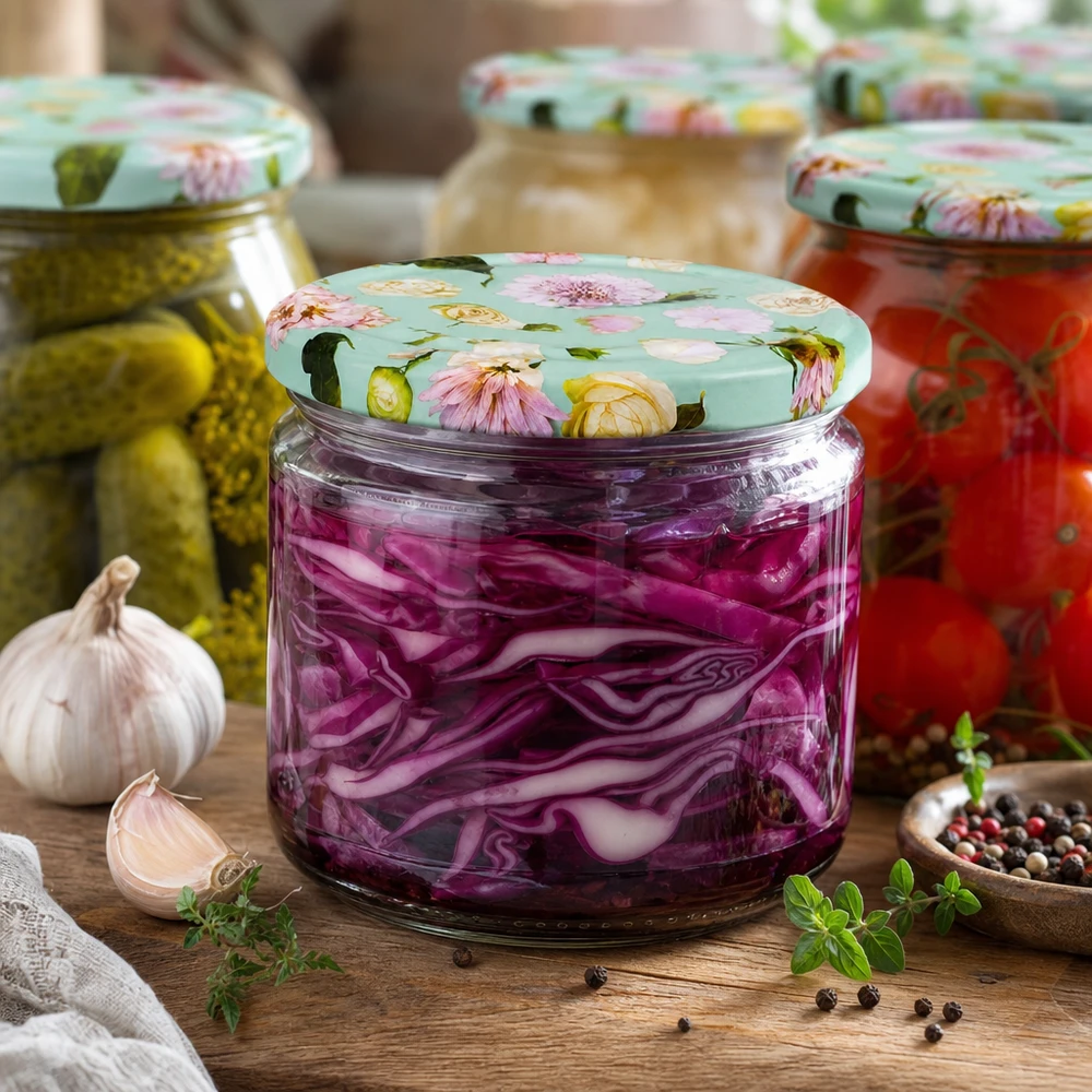 330ml Rundglas + BasicSeal Deckel Blume mint UNiTWIST Fermentiertes Rotkraut in 330ml Rundglas mit floralem BasicSeal Deckel mint neben eingelegten Gurken und Tomaten