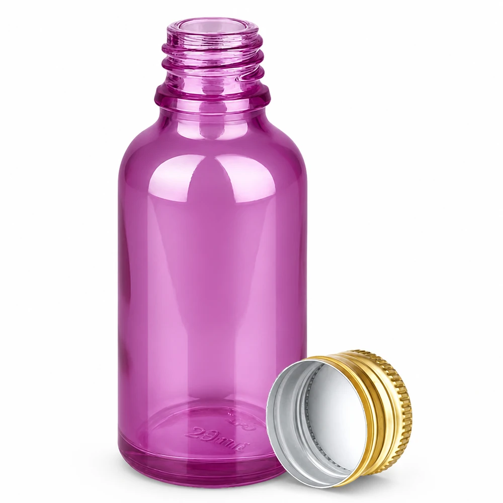 30ml Apothekerflasche aus violettem Glas mit goldenem Schraubverschluss für pharmazeutische Anwendungen