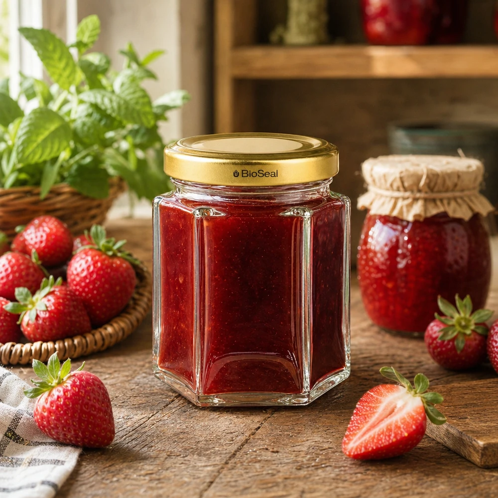 60g BioSeal Honigglas mit Erdbeermarmelade gefüllt in Küchenszenerie mit frischen Erdbeeren und Minze