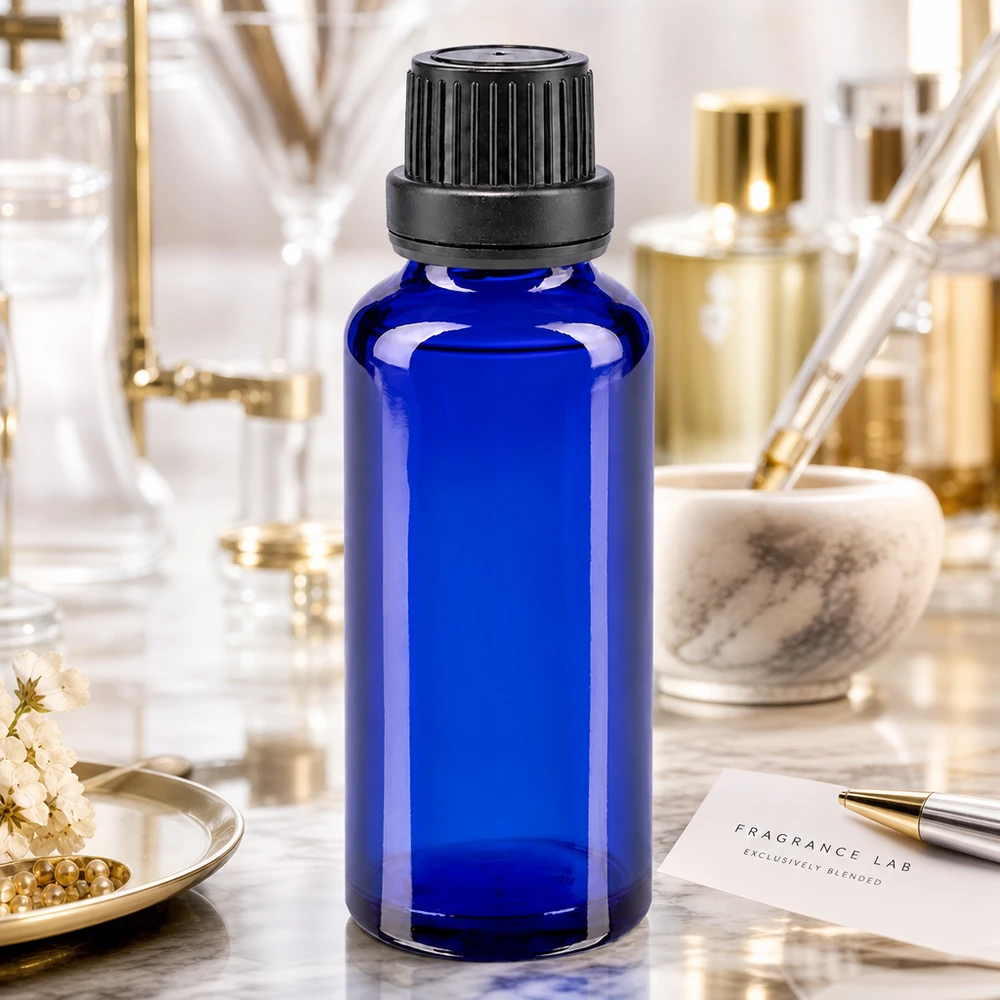 Apothekenflasche blau 30ml Schraubverschluss schwarz Dichteinlage Originalitätsverschluss Professionelle 30ml Blauglasflasche mit Originalitätsverschluss für Parfümherstellung