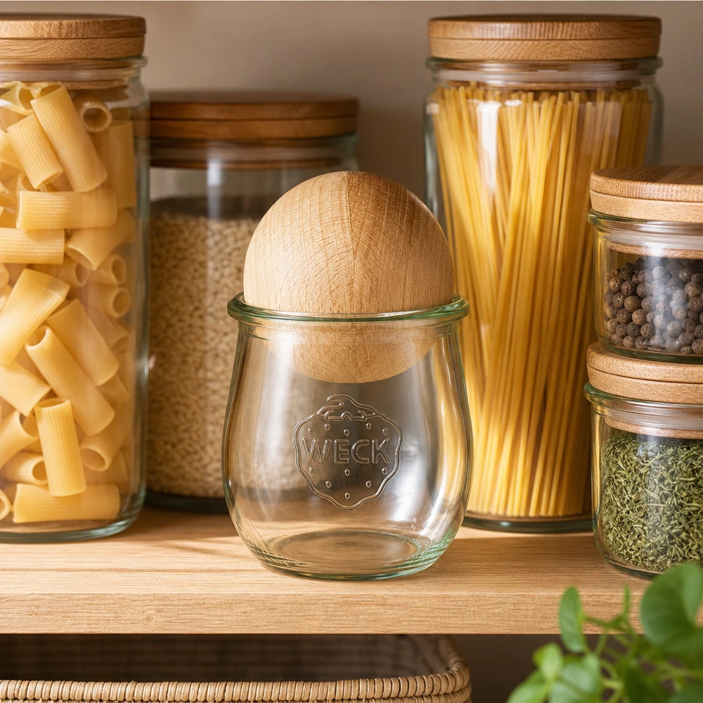 220ml Tulpenglas WECK RR60 mit Holzkugel Buche WECK Tulpenglas 220ml RR60 mit Buchenkugel-Deckel in moderner Vorratsküche neben Pasta und Gewürzgläsern