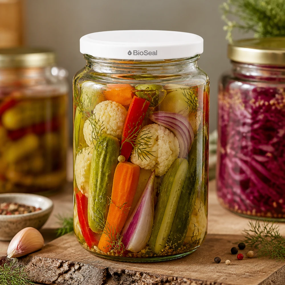 UNiTWIST Runda382 Glas gefüllt mit eingelegtem Gemüse - Mixed Pickles in Einmachglas mit weißem BioSeal Deckel