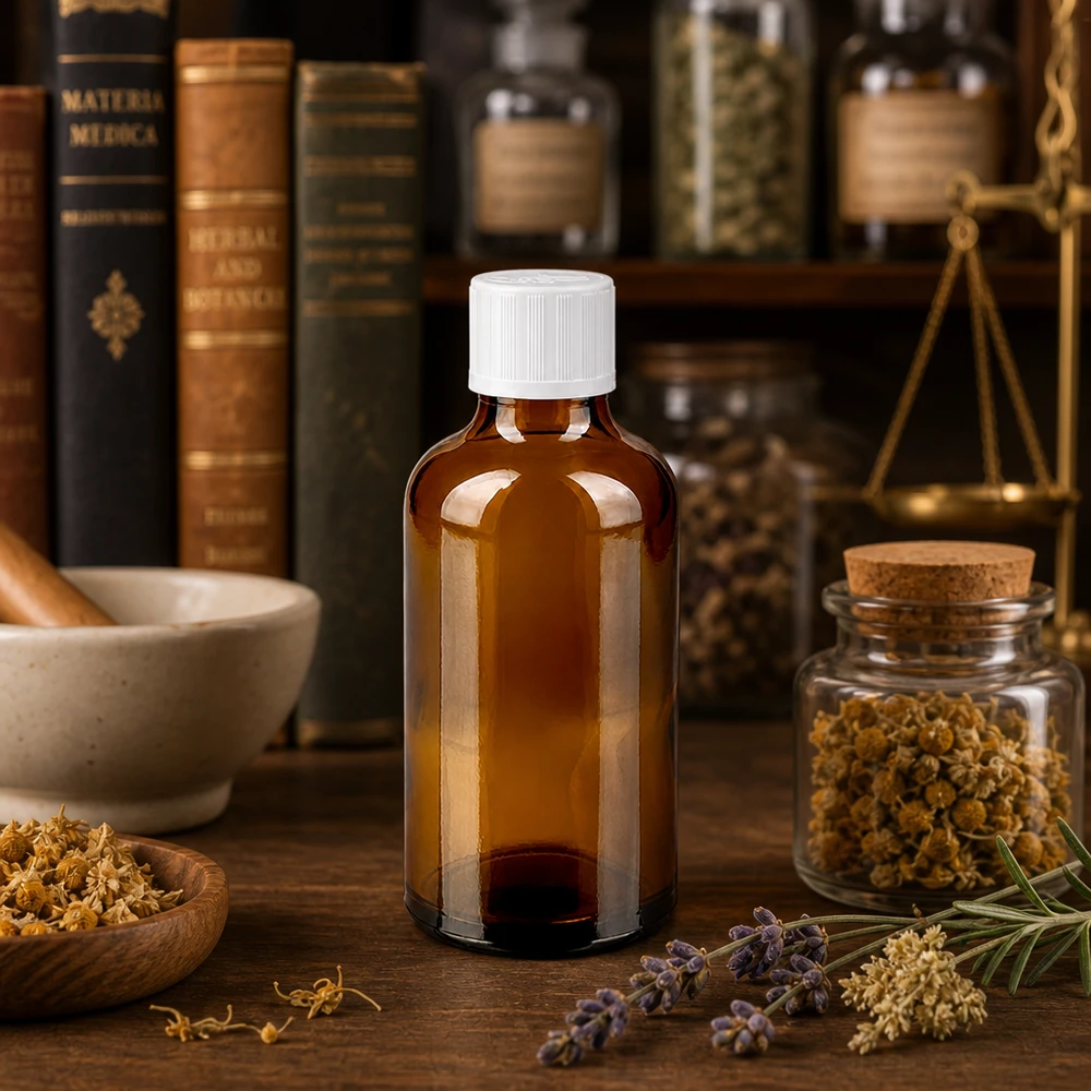 Apothekenflasche braun 50ml Schraubverschluss weiß Kindersicherung Standard 50ml Apothekerglasflasche in Braun mit Kindersicherheitsverschluss neben Mörser und Kräutergläsern