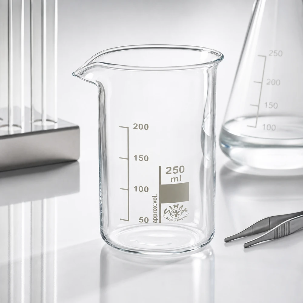 Becherglas 250ml Borosilikatglas, hohe Form Becherglas 250ml hohe Form dickwandig aus Borosilikatglas mit Schnauze für sicheres Ausgießen