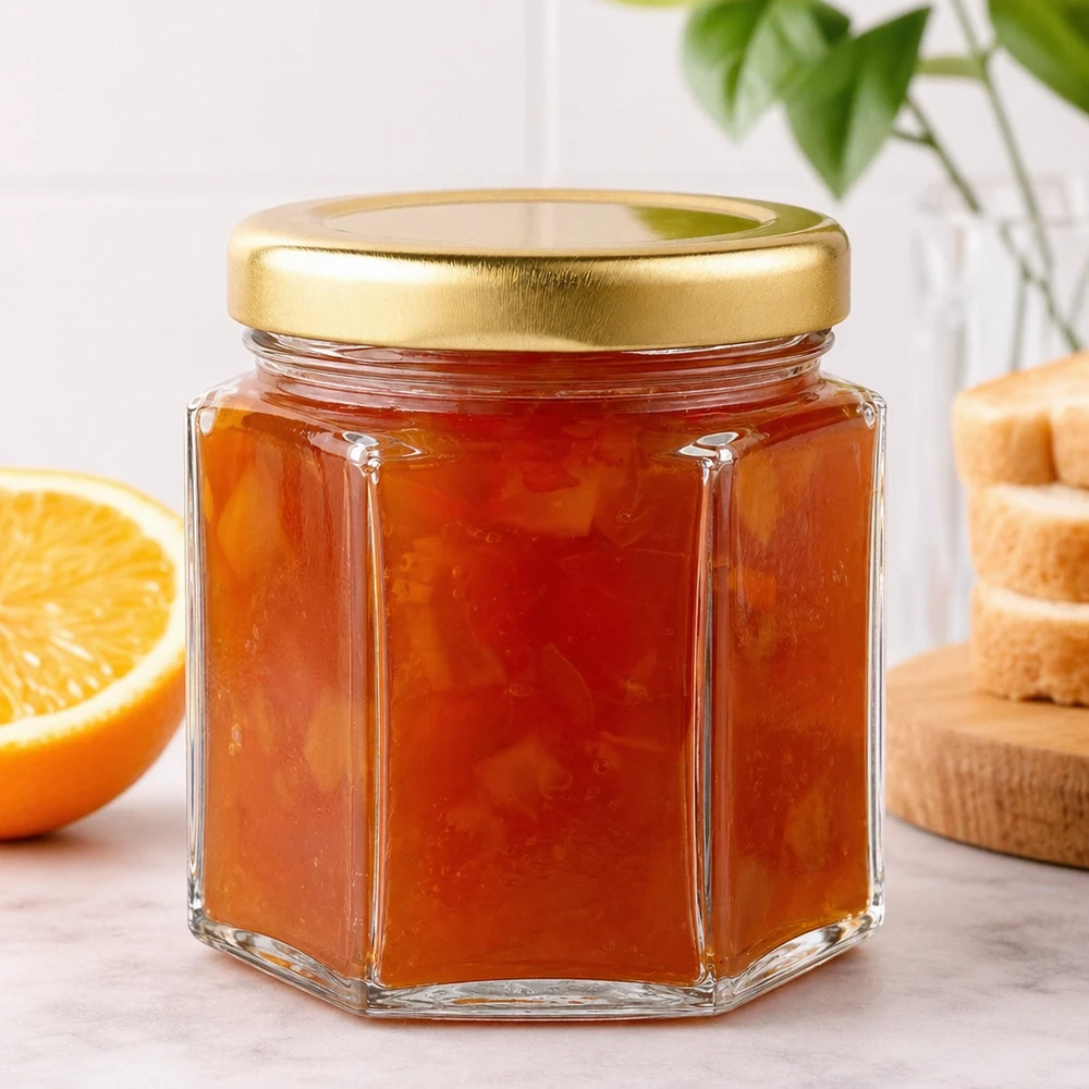 60g Honigglas mit goldenem Deckel BasicSeal UNiTWIST 60g Honigglas hexagonal mit Orangenmarmelade gefüllt neben aufgeschnittener Orange und geröstetem Brot