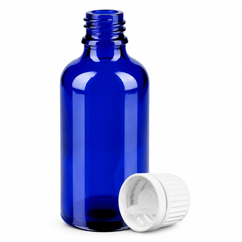 UV-schützende blaue 50ml Glasflasche mit weißem Schraubverschluss und Tropfeinsatz BlueLine