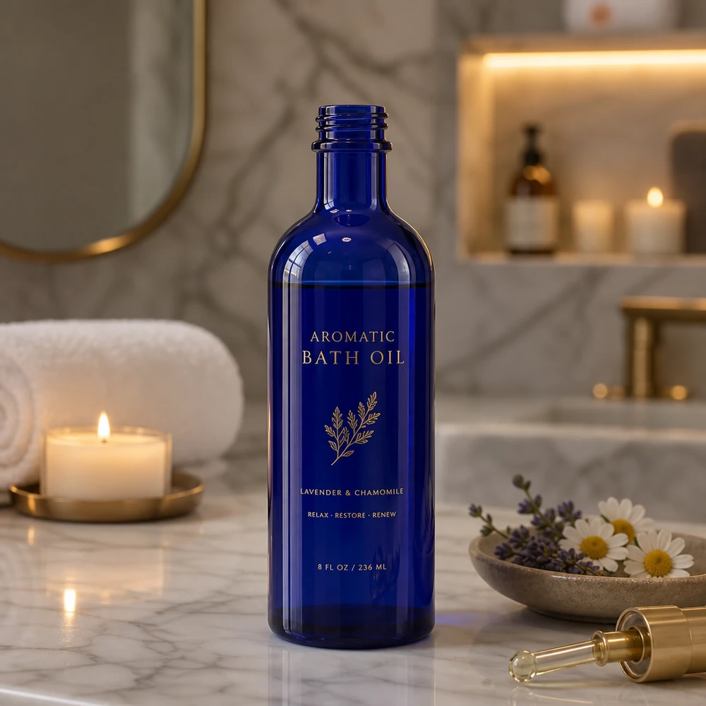 Tropfflasche 200ml DIN 22 BLAUGLAS Vielseitige Tropfflasche 200ml aus recyclefähigem Blauglas für nachhaltige Kosmetikaufbewahrung
