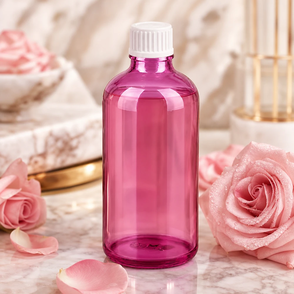 Violette Tropfflasche 100ml mit weißem Verschluss für präzise Portionierung flüssiger Inhaltsstoffe