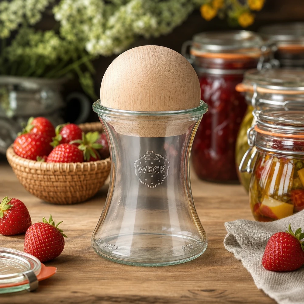 370ml Delikatessengl. WECK RR80 mit Holzkugel Buche WECK Glas 370ml RR80 Holzkugel Buche Küchenambiente Erdbeeren Marmeladengläser Vorratsbehälter Einkochen