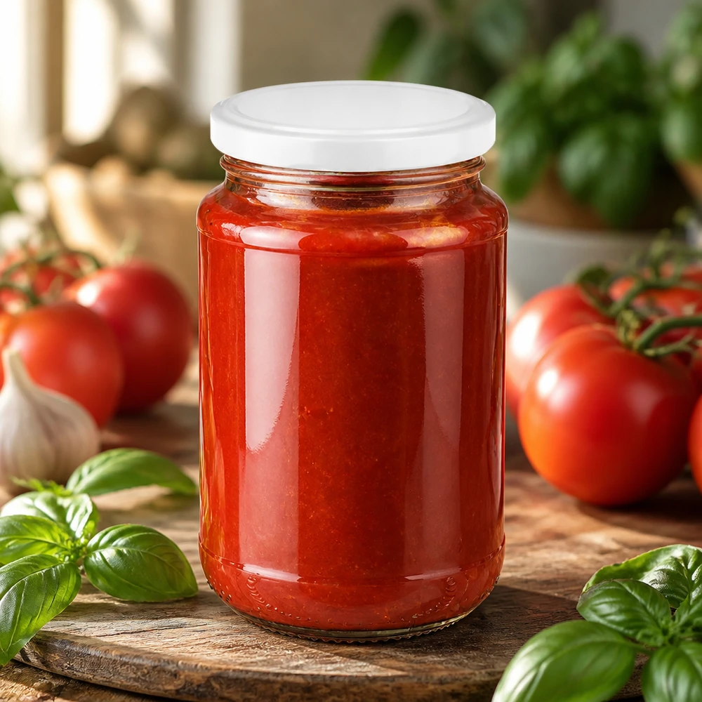 Kleines Einmachglas 320ml BasicSeal weiß von UNiTWIST mit Tomatensauce und Knoblauch im Hintergrund