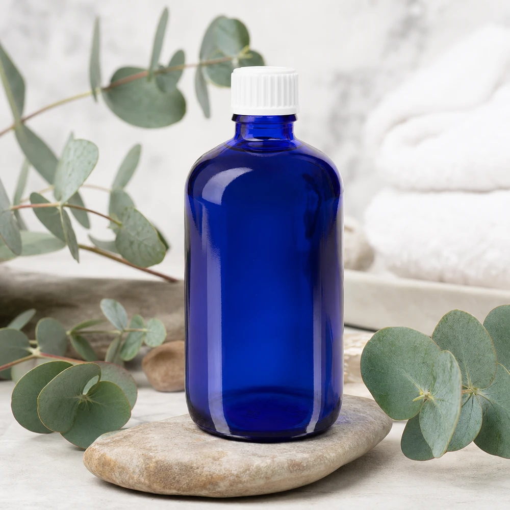 Apothekenflasche blau 100ml Tropfverschluss weiß 0.8mm Standard Schlanke kobaltblaue 100ml Glasflasche mit weißem Tropfverschluss für Naturheilkunde