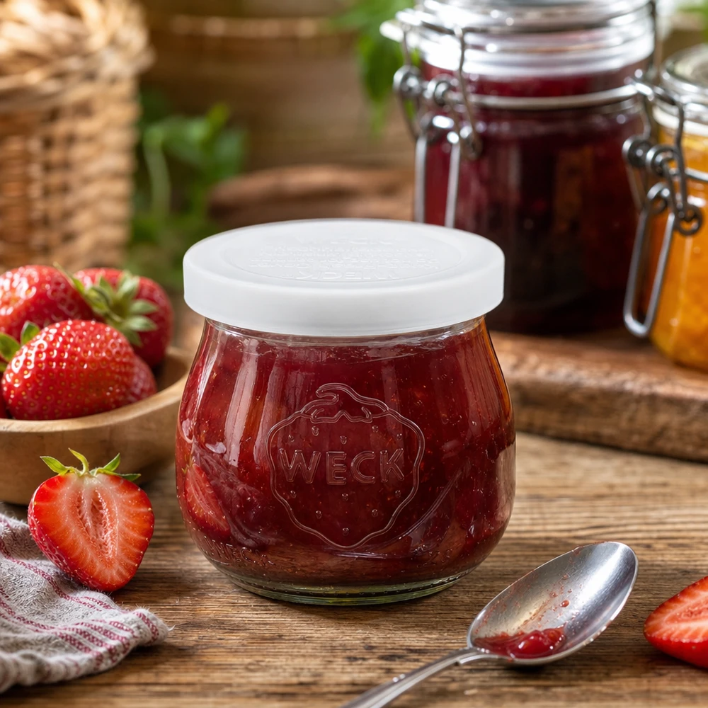 75ml Tulpenglas mit Frischedeckel WECK RR40 WECK 75ml Tulpenglas mit Erdbeermarmelade gefüllt neben frischen Erdbeeren auf Holztisch RR40 Einmachglas
