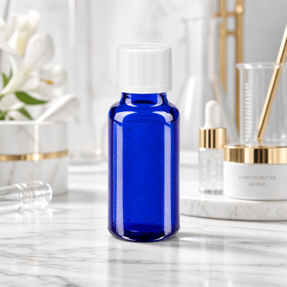 Apothekenflasche blau 20ml Schraubverschluss weiß Kindersicherung Standard Kleine kobaltblaue Glasflasche 20ml mit kindersicherem weißen Verschluss Detailansicht