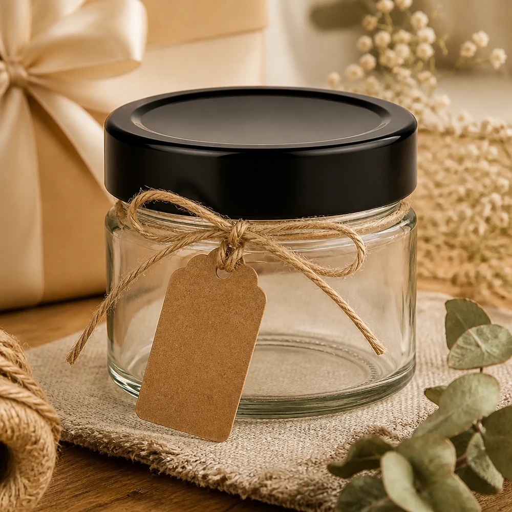 UNiTWIST 130ml Rundglas mit schwarzem Schraubdeckel und Preisschild als Hochzeits Gastgeschenk
