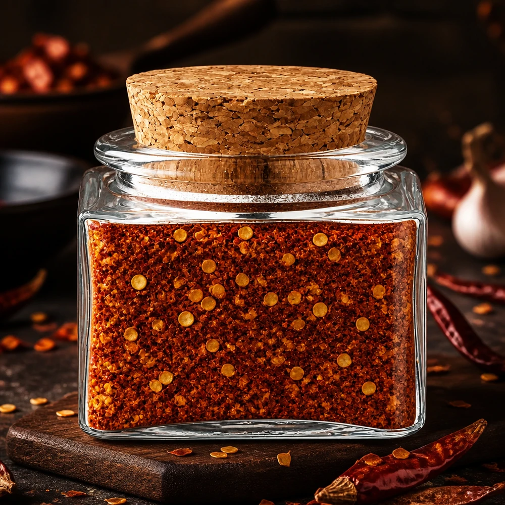 Gewürzglas Idee: Quadratus 40ml klar inklusive Korken Kompaktes Gewürzglas mit Korken und rotem Chilipulver neben getrockneten Schoten