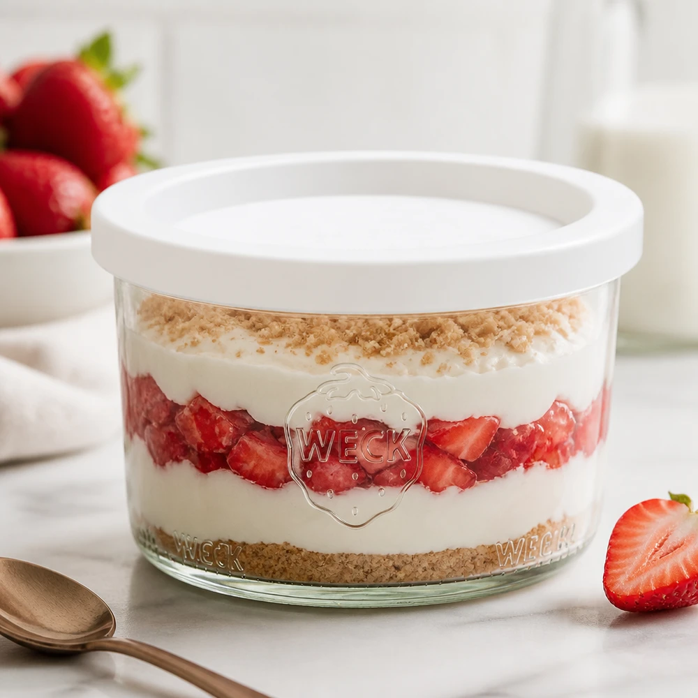 200ml Sturzglas mit Frischedeckel WECK RR80 WECK Sturzglas 200ml RR80 mit Erdbeerdessert und weißem Deckel für Nachspeisen und Desserts im Glas