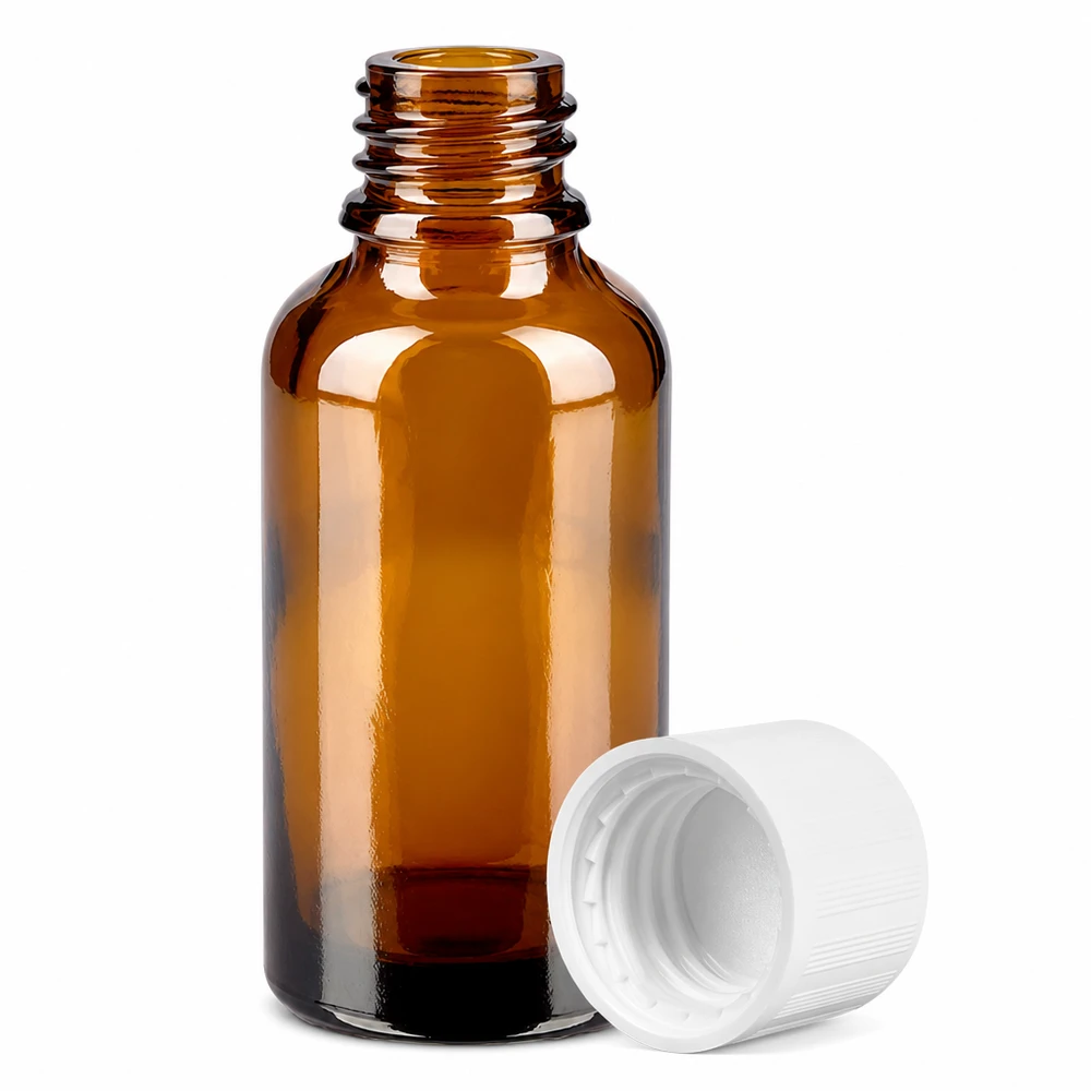 30ml Flasche 11mm Schraubverschluss weiß Standard Kindersicherung BrownLine UT18/30 Braunglasfläschchen 30ml mit Originalitätssiegel und Kindersicherung für pharmazeutische Anwendungen