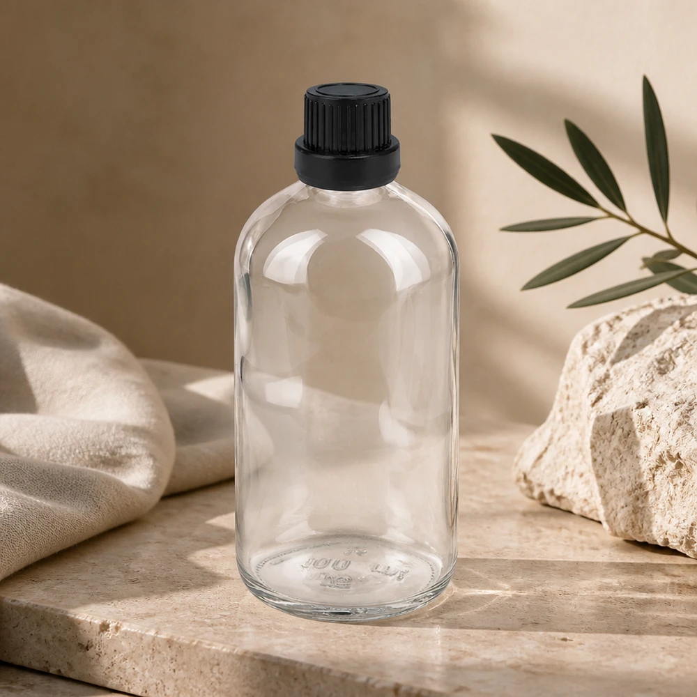 100ml Tropfflasche 2mm schwarz Originalitätsverschluss ClearLine UT18/100 100ml Rundflasche Klarglas schwarzer Tropfverschluss 2mm Öffnung für Öle und Tinkturen ClearLine