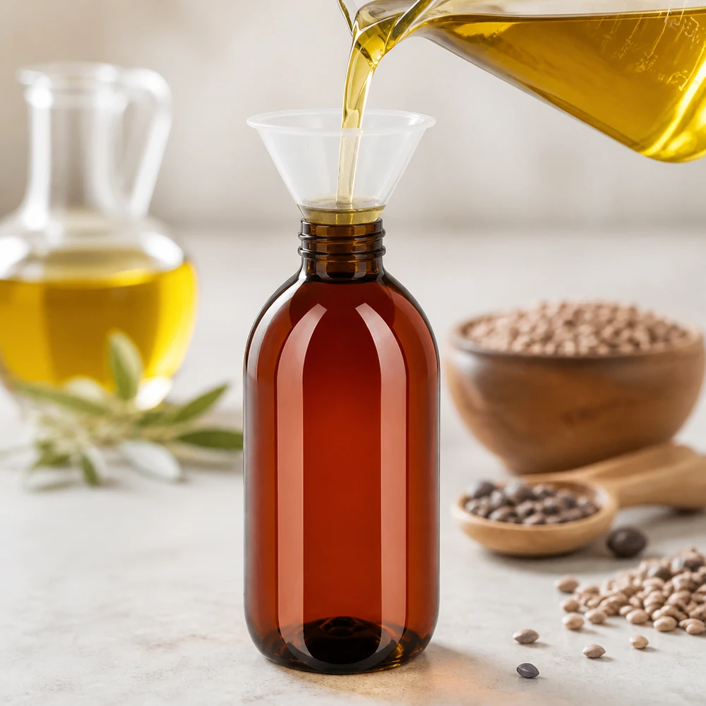 Kompakte 250ml Enghalsflasche aus PET mit weißem Verschluss zum sicheren Öl Abfüllen