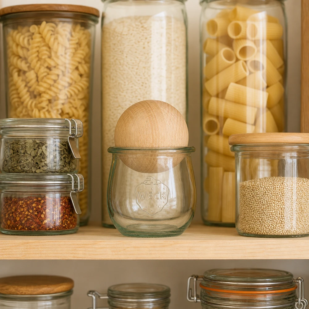 370ml Tulpenglas WECK RR80 mit Holzkugel Buche WECK Tulpenglas RR80 mit Buchenkugel-Deckel in organisierter Vorratskammer zwischen Nudeln und Hülsenfrüchten