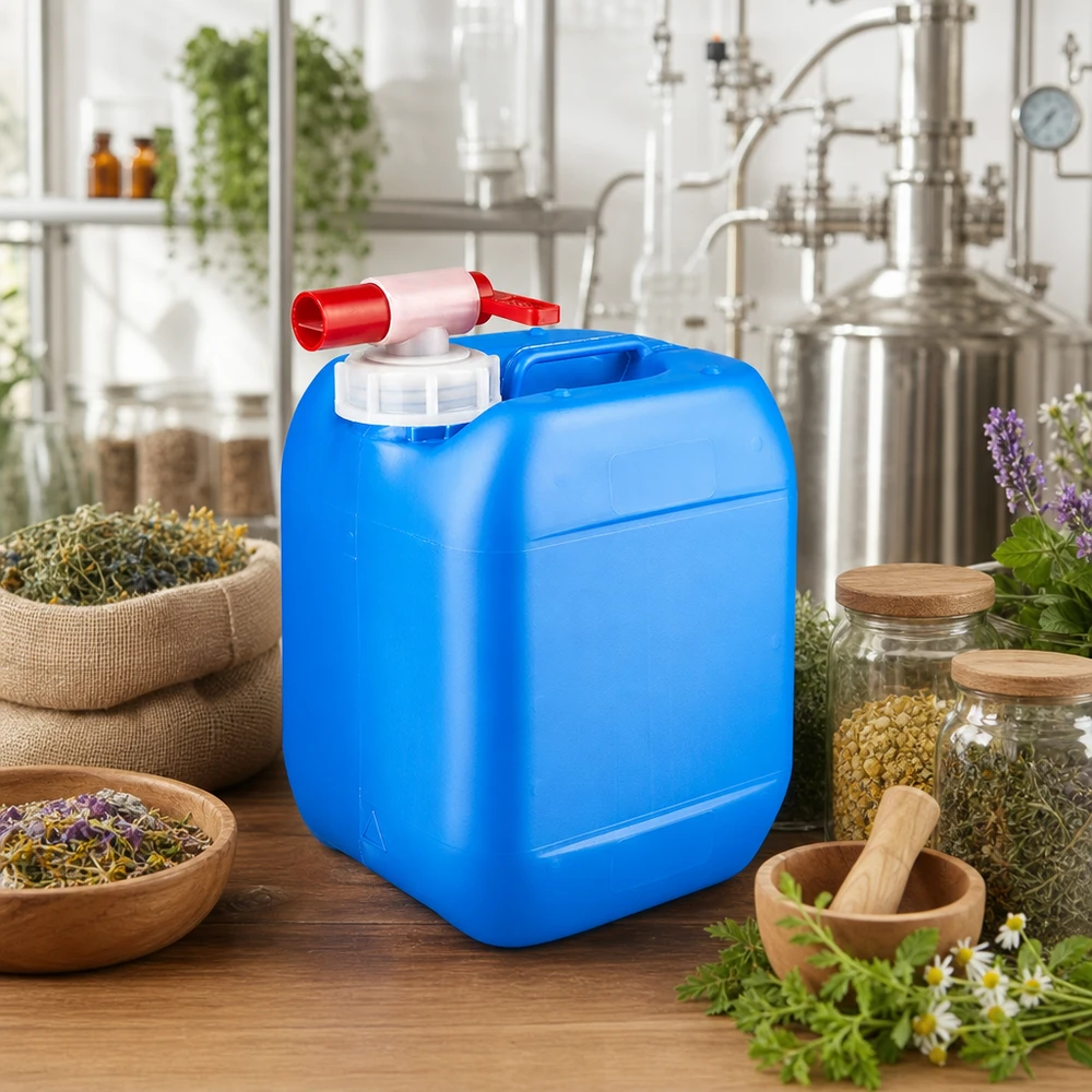 HDPE Kanister 5 Liter blau mit Griff und rotem Ablasshahn für Naturextrakte und Pflanzenwässer
