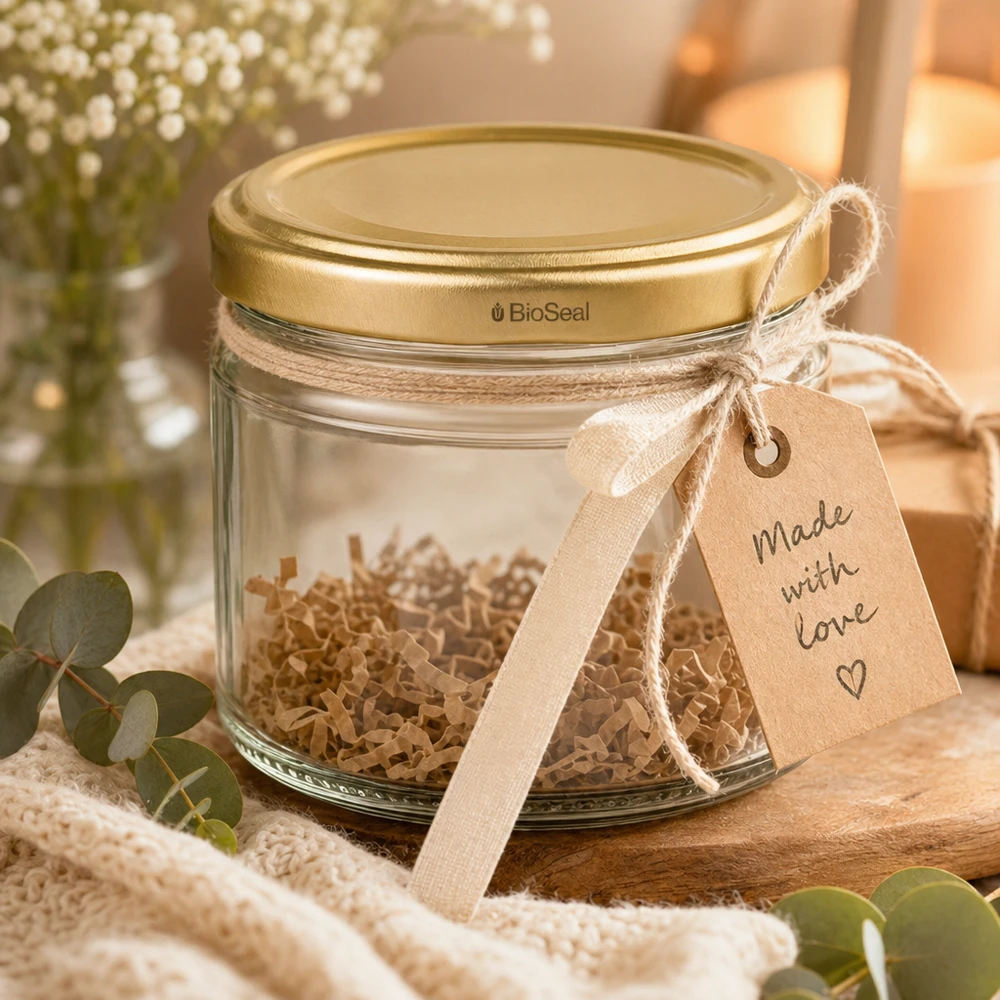 UniTWIST Runda330 Vorratsglas mit goldenem TO82 BioSeal Deckel dekorativ verpackt als Geschenk mit Schleifenband