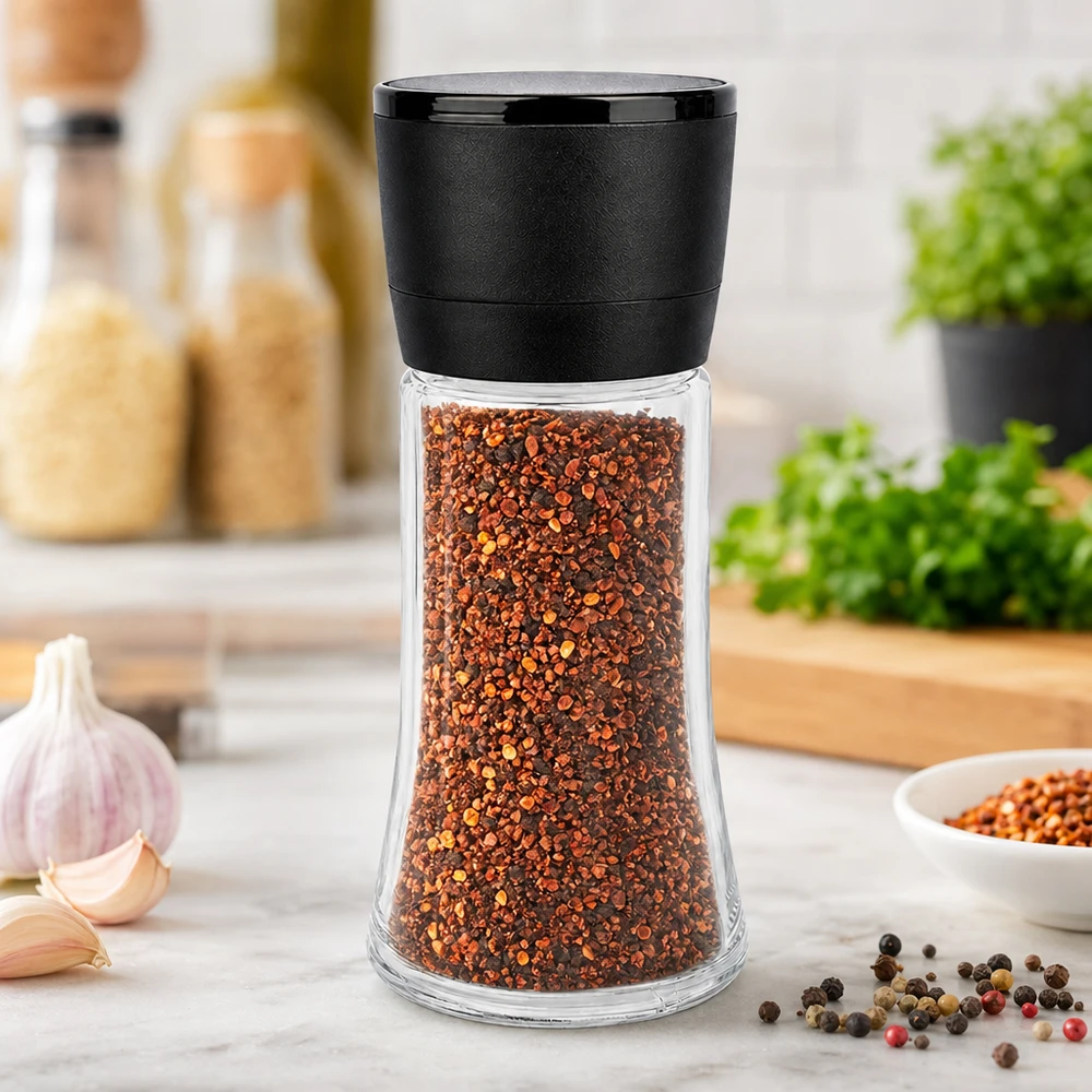 Salz-/Gewürzglas 95ml mit Mühle Vario schwarz Kleine Tischgewürzmühle 95ml aus klarem Glas mit mattschwarzem Mahlwerk für Chili
