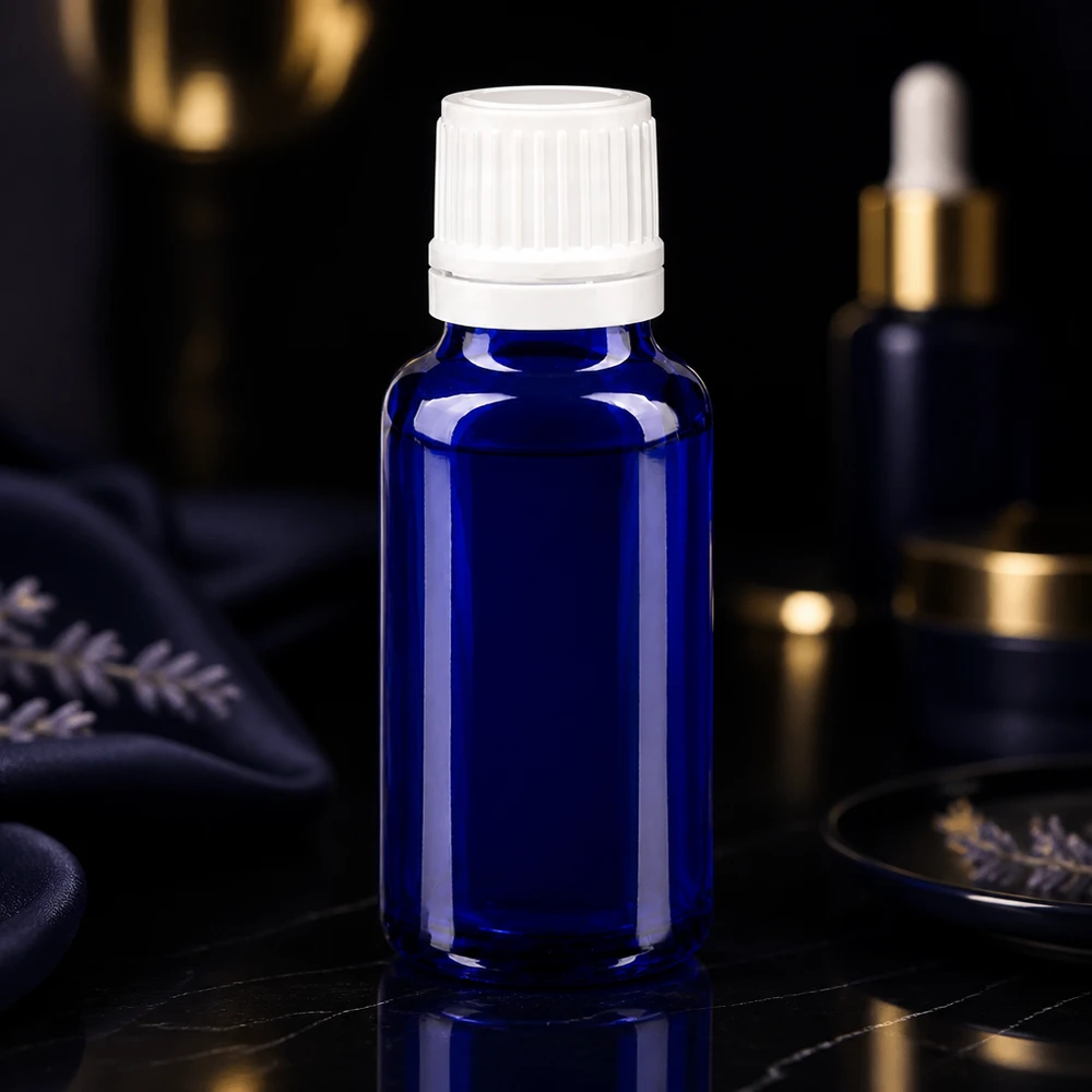 Lichtschutzflasche aus blauem Apothekerglas 20ml mit weißem Manipulationssicherem Verschluss