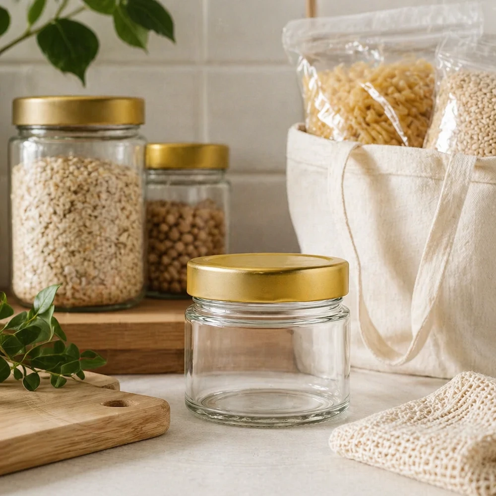 Kleines 80ml Rundglas mit BasicSeal Deckel gold deep in nachhaltiger Küchenumgebung mit Vorratsutensilien