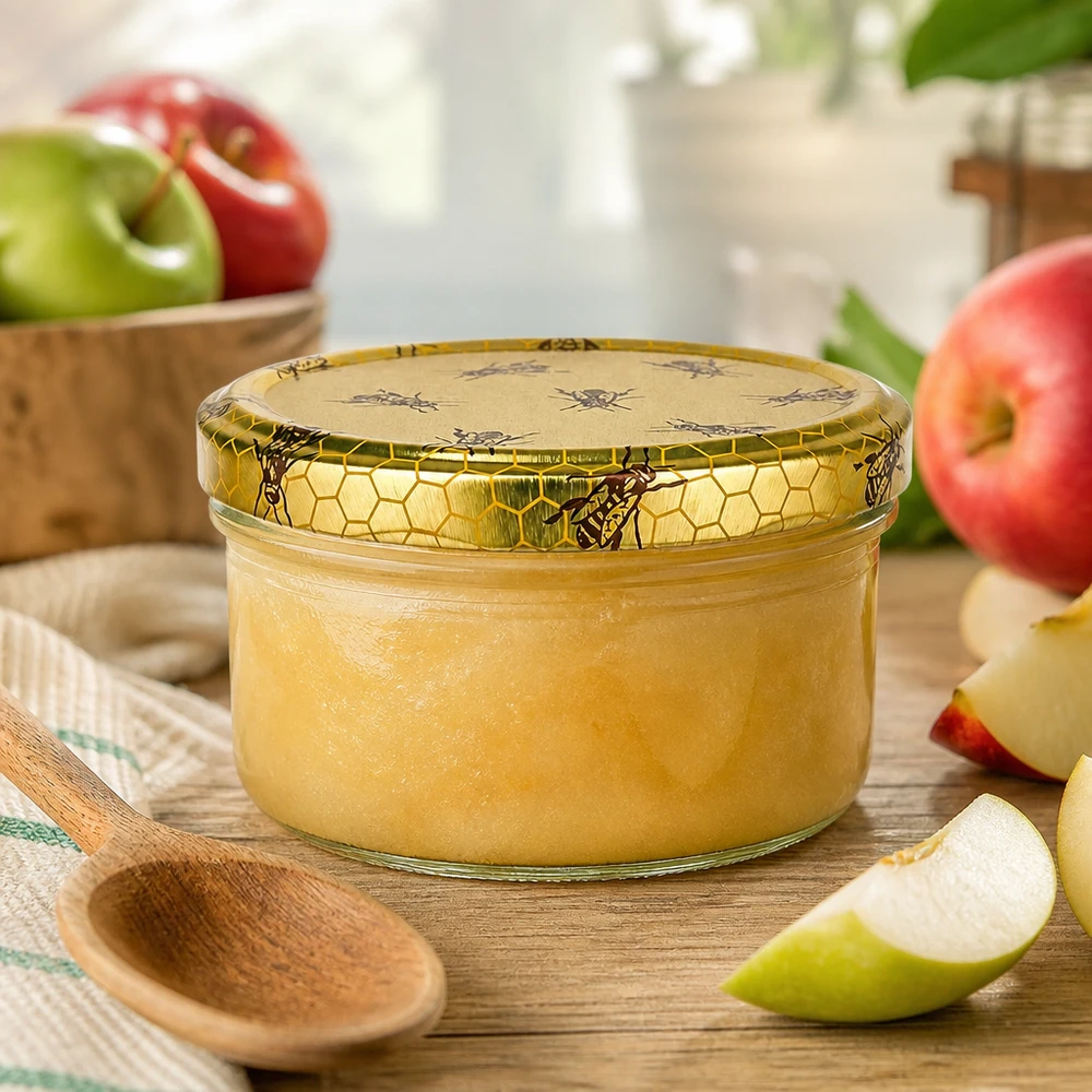 UNiTWIST 186ml Glas mit Bienenwaben Deckel befüllt mit Apfelmus umgeben von roten und grünen Äpfeln