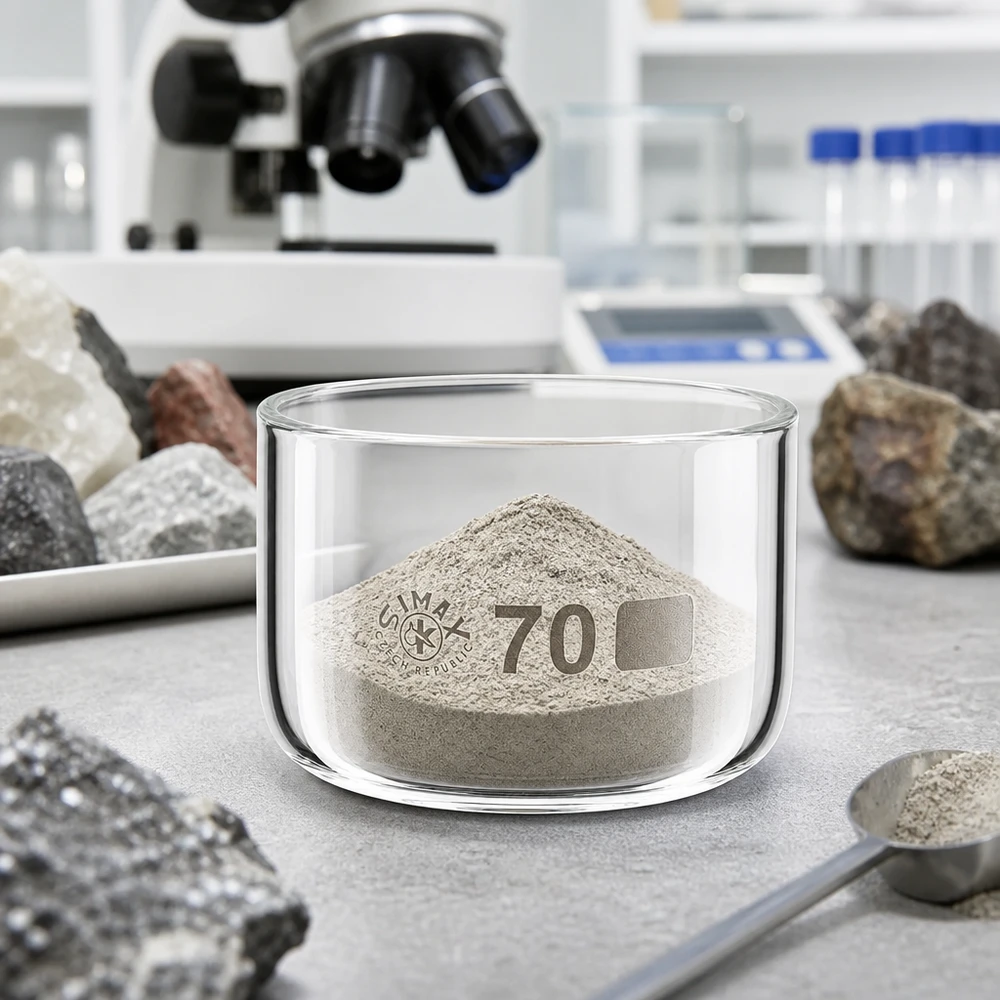 Transparente Laborkristallisierschale 100ml mit Mineralpulver gefüllt umgeben von Gesteinsproben