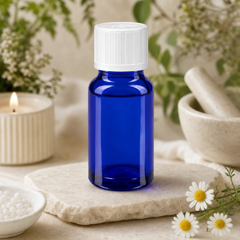 Apothekerflasche 10ml blau mit weißem KiSi-Deckel 11mm in naturnaher Wellness-Umgebung