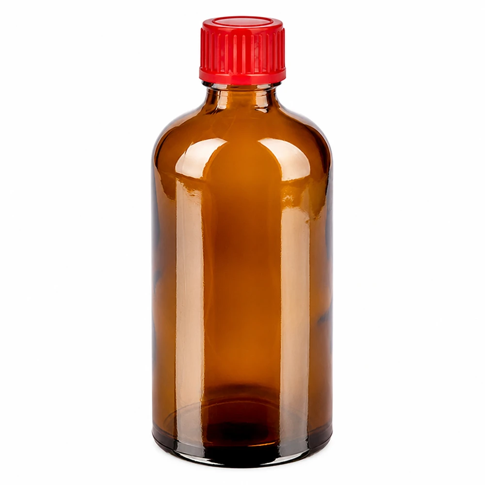 Pharmazeutische Glasflasche 100ml braun mit rotem Schraubdeckel für sichere Lagerung