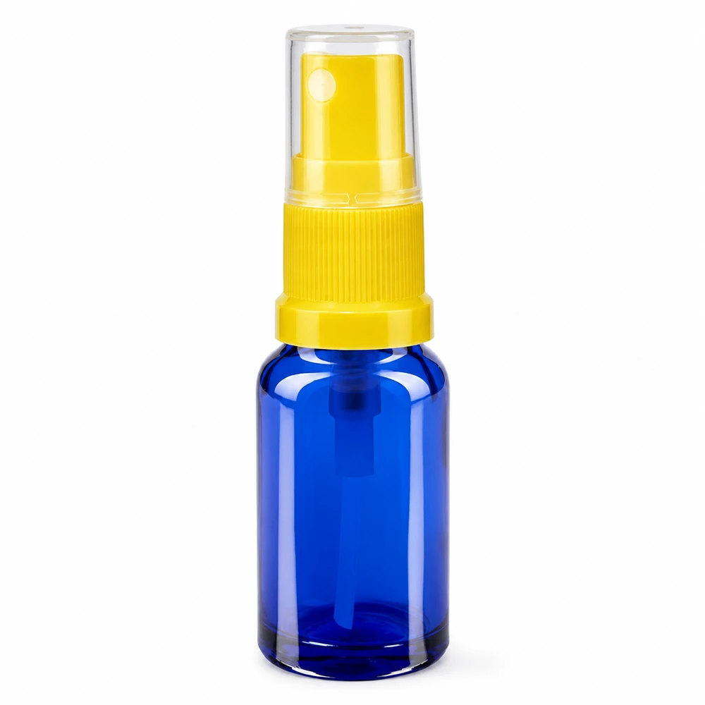 Blaue UV-Schutzglasflasche 10ml mit gelbem Feinzerstäuber ideal für ätherische Öle und Seren