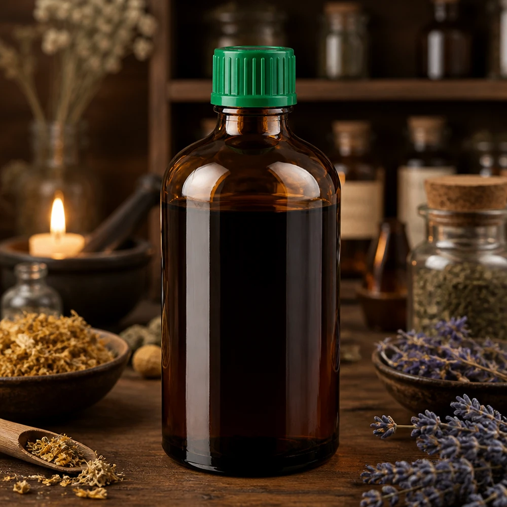Premium 100ml Glasflasche in klassischem Braun mit grünem Deckel für Kräuterextrakte und Essenzen