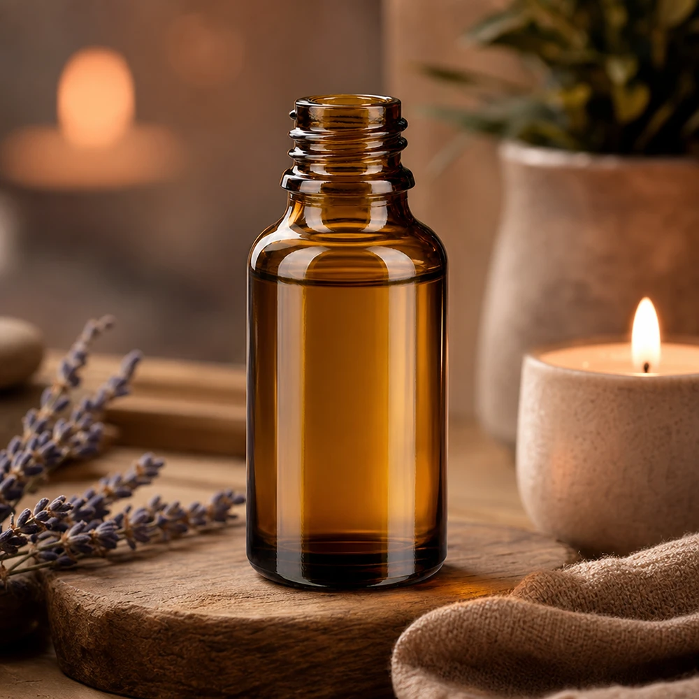 30ml braune ApoGlas Flasche für ätherische Öle mit Lavendel Aromatherapie Set und brennenden Kerzen
