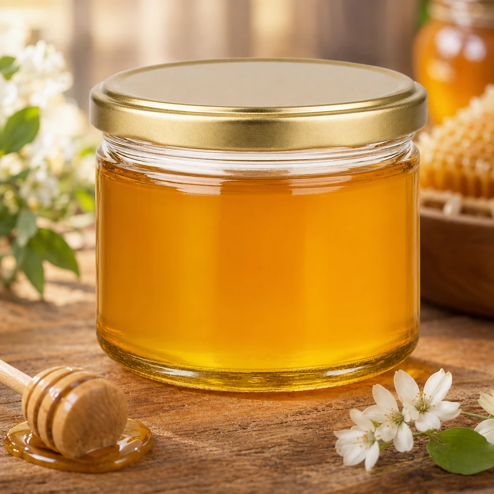 700g Honigglas mit goldenem Deckel BasicSeal UNiTWIST 700g Honigglas BasicSeal mit goldenem Deckel auf Holztisch dekoriert mit weißen Blüten und Honiglöffel