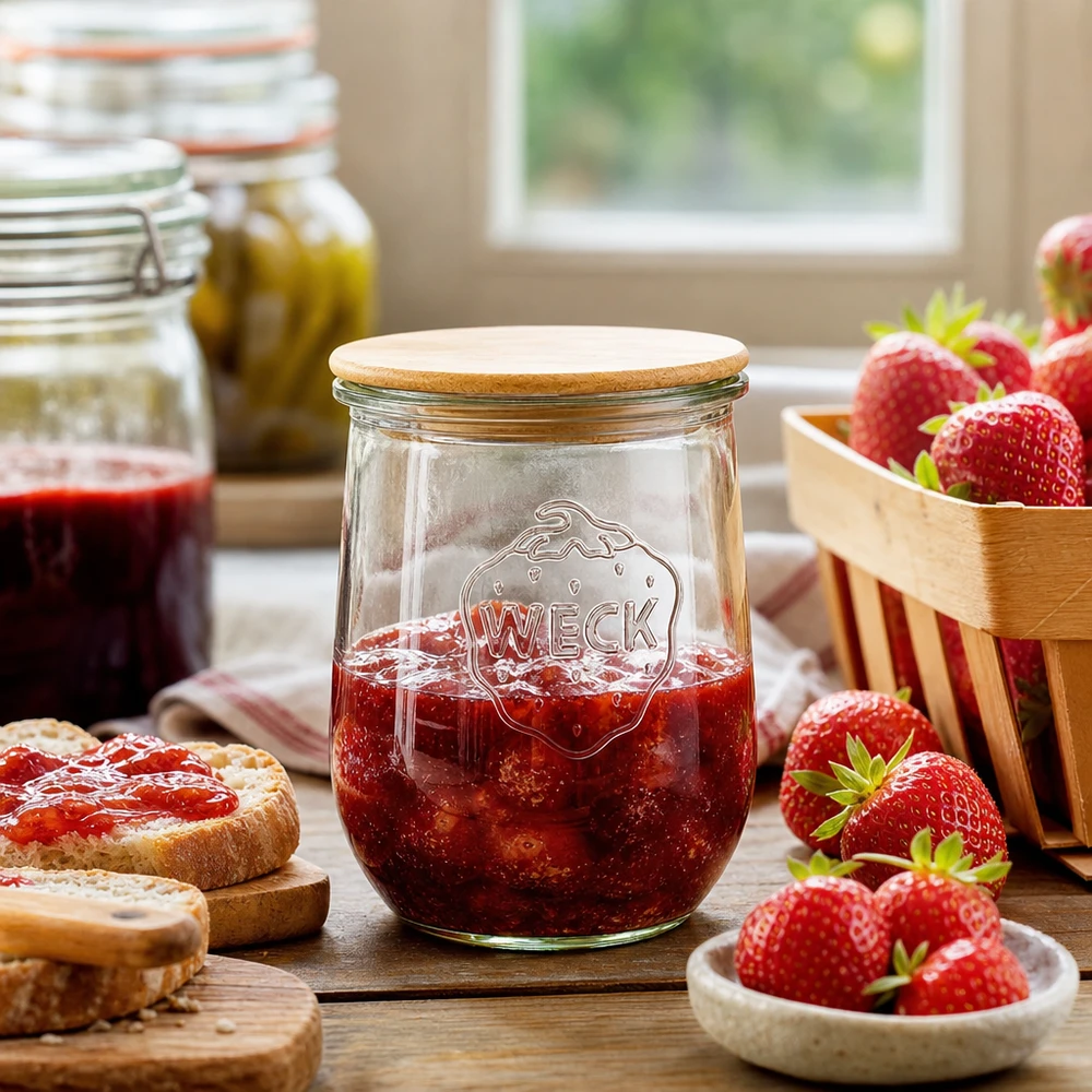 WECK Tulpenglas RR100 1062ml mit Holzdeckel gefüllt mit Erdbeermarmelade auf Küchentisch mit frischen Erdbeeren