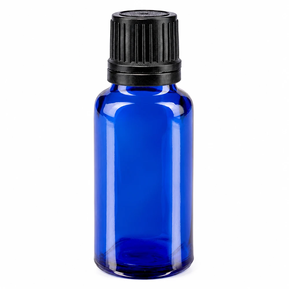 20ml Apothekenglas blau mit schwarzem OV-Verschluss und präzisem 1mm Dosiereinsatz für Tropfen