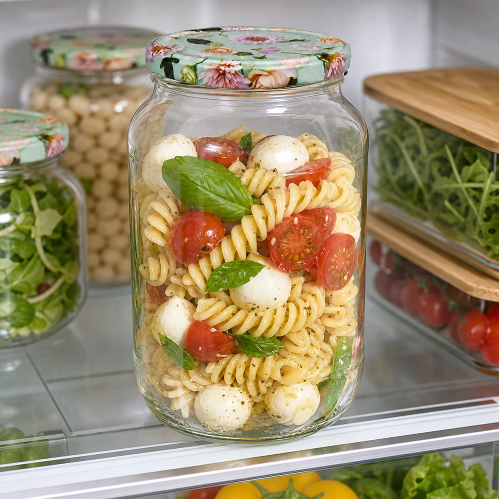 1062ml Rundglas + BasicSeal Deckel Blume mint UNiTWIST Rundglas 1062ml mit BasicSeal Deckel Blume mint gefüllt mit Nudelsalat im Kühlschrank Meal Prep Container