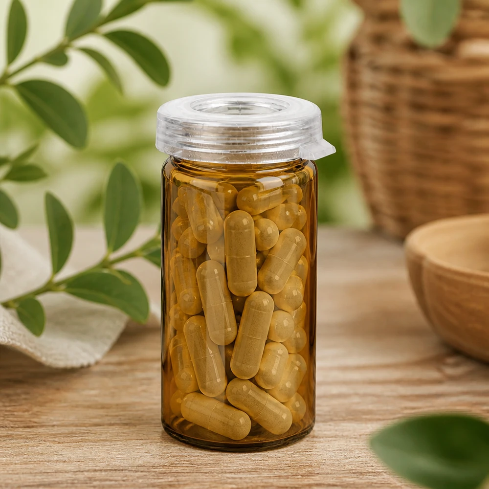 Tabletten/Rollrandglas 5ml klar mit Schnappdeckel Kompaktes Pillenglas 5ml Braunglas mit kindersicherem Schnappdeckel und goldfarbenen Kapseln