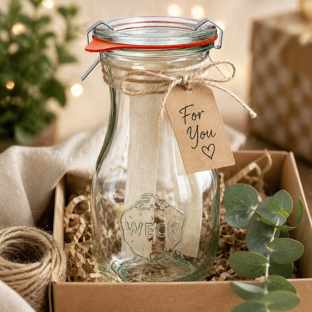 290ml Saftflasche komplett WECK RR60 WECK Saftflasche 290ml RR60 als Geschenk dekoriert mit Schleife und Anhänger in rustikaler Geschenkbox