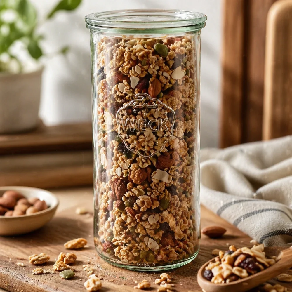 WECK Sturzglas 1500ml RR100 gefüllt mit Nüssen Müsli und Trockenfrüchten auf Holztisch Vorratsglas Küche