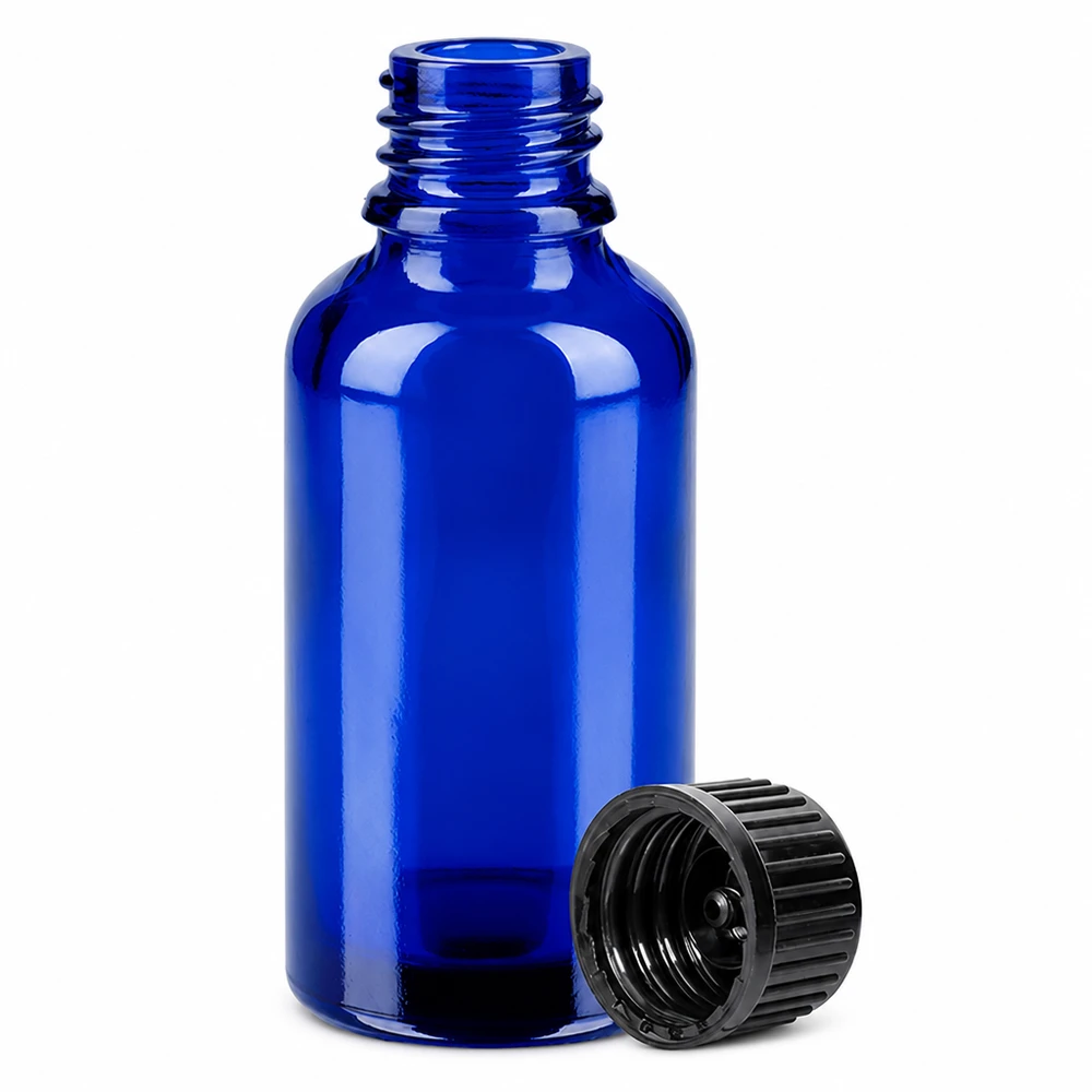 30ml Flasche 11mm Schraubverschluss schwarz Standard BlueLine UT18/30 Elegante 30ml Kobaltglasflasche mit ergonomischem schwarzen Verschluss für DIY Kosmetik
