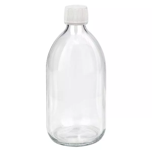 500ml Medizinflasche klar, Verschluss weiß mit Originalitätsring ApoGlas 500ml Medizinflasche klar, Verschluss weiß mit Originalitätsring ApoGlas