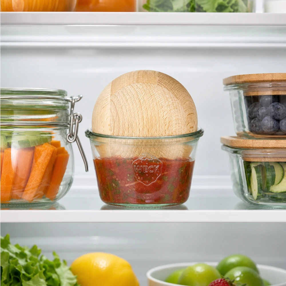 370ml Sturzglas WECK RR100 mit Holzkugel Buche WECK Sturzglas 370ml RR100 Kühlschrank Aufbewahrung Salsa Dip Buchenkugel neben Gemüse frische Zutaten