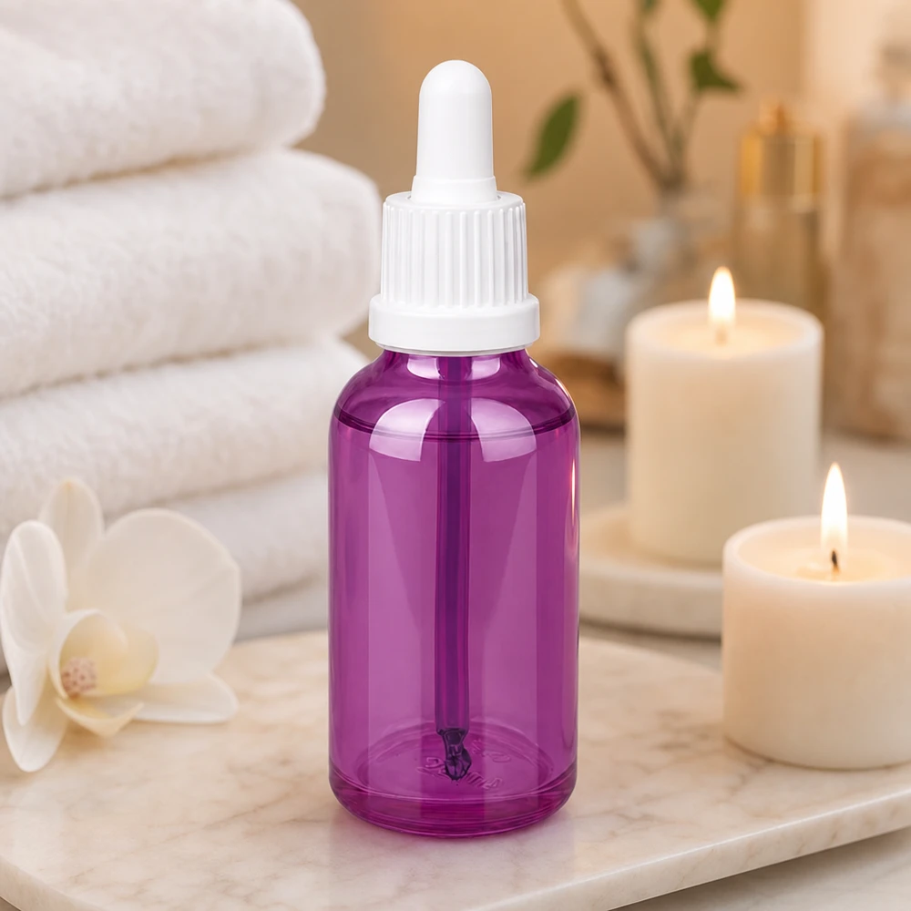 30ml Pipettenflasche in violett mit weißem Gummipipettenverschluss für Spa und Beauty Anwendungen