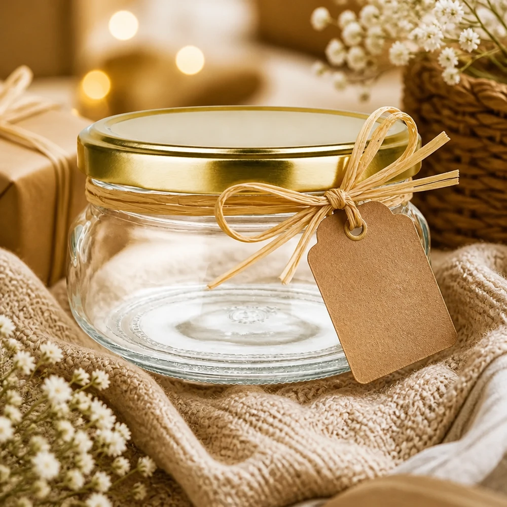 Transparentes 120ml Glas UNiTWIST Golddeckel mit Etikettenanhänger für selbstgemachte Geschenke